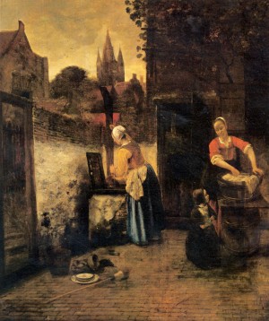 Two women with child in courtyard